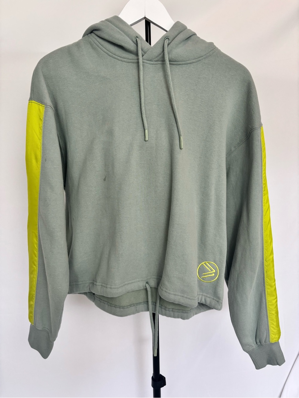 Women's Sage Green Crewneck Hoodie with Yellow Sleeve Stripes